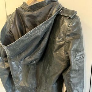 Alice & Olivia Black Crop Leather Jacket w/Hood